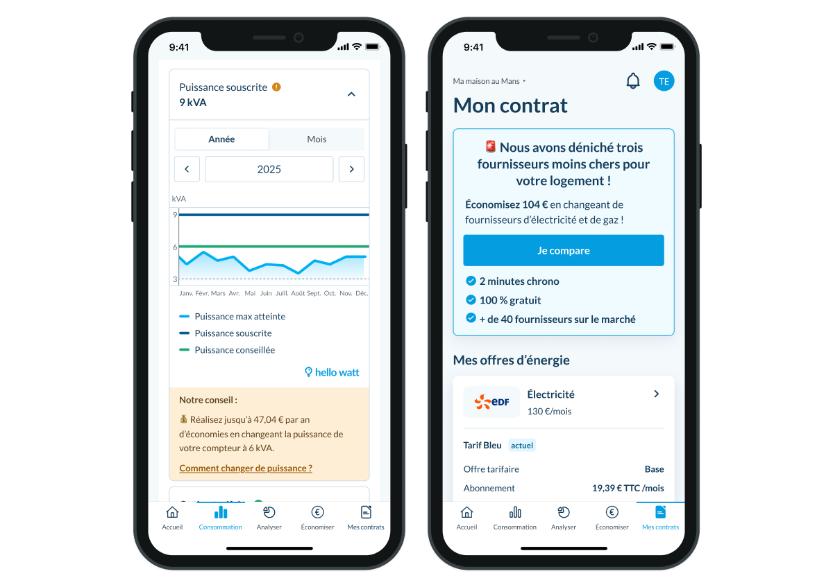changement puissance application hello watt